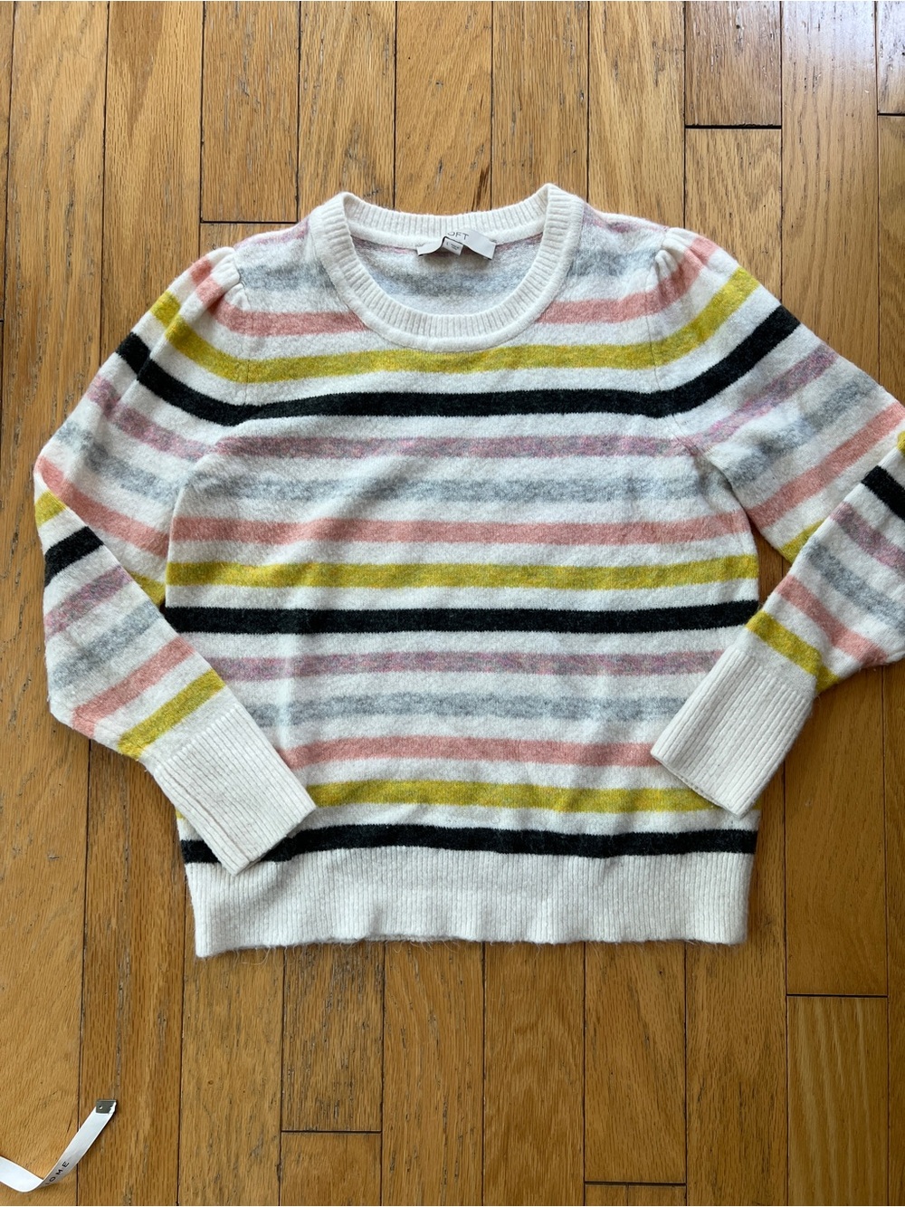 LOFT White Crewneck Sweater with Pink, Gray, Yellow & Black Stripes